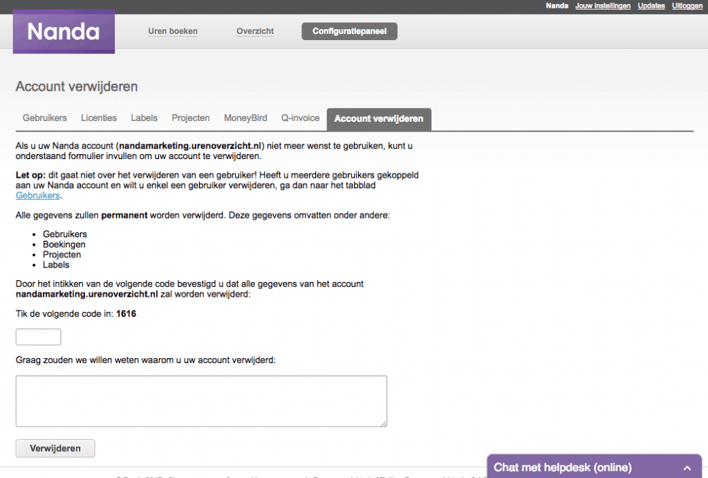 Nanda urenregistratie - account verwijderen