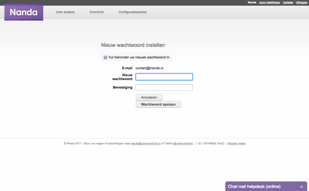Nanda urenregistratie - wachtwoord wijzigen - bevestigen