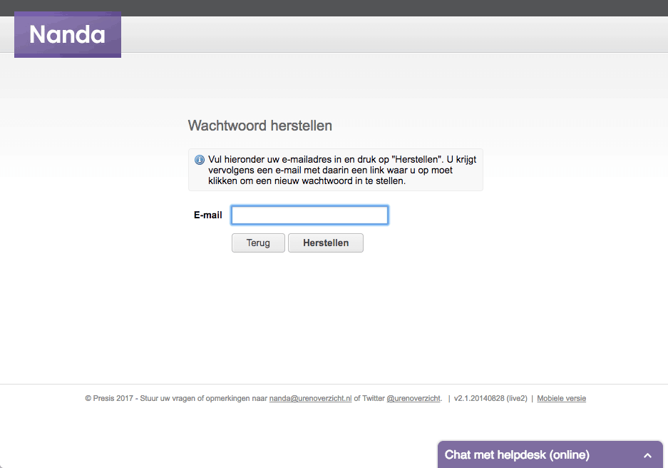 Nanda urenregistratie - wachtwoord wijzigen - mailadres