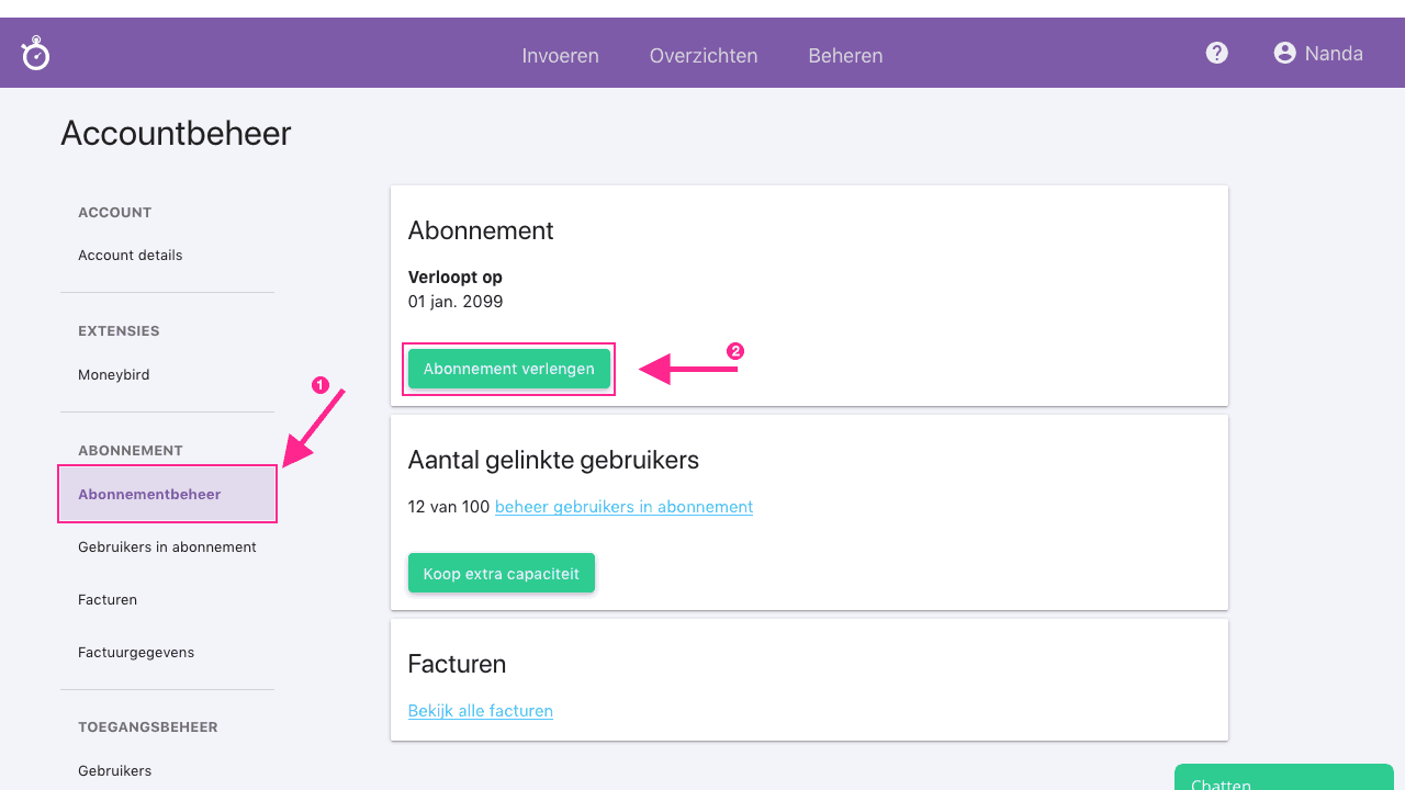 Nanda urenoverzicht - Abonnement verlengen