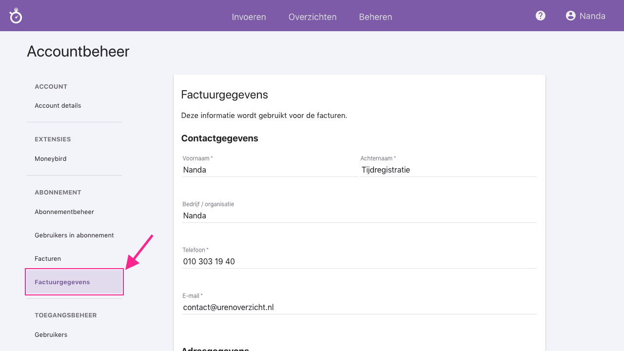 Factuurgegevens in Nanda