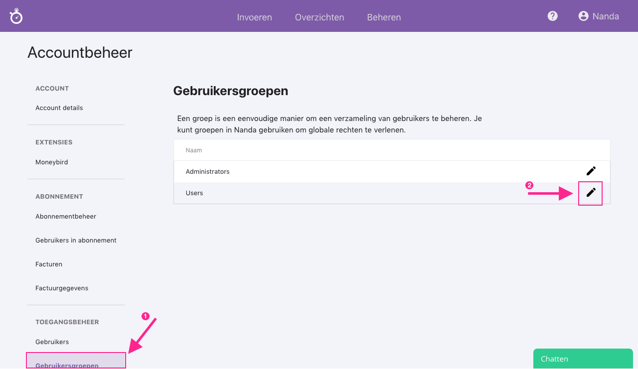 Nanda urenoverzicht - Gebruikersgroepen - Rechten voor gebruikers instellen