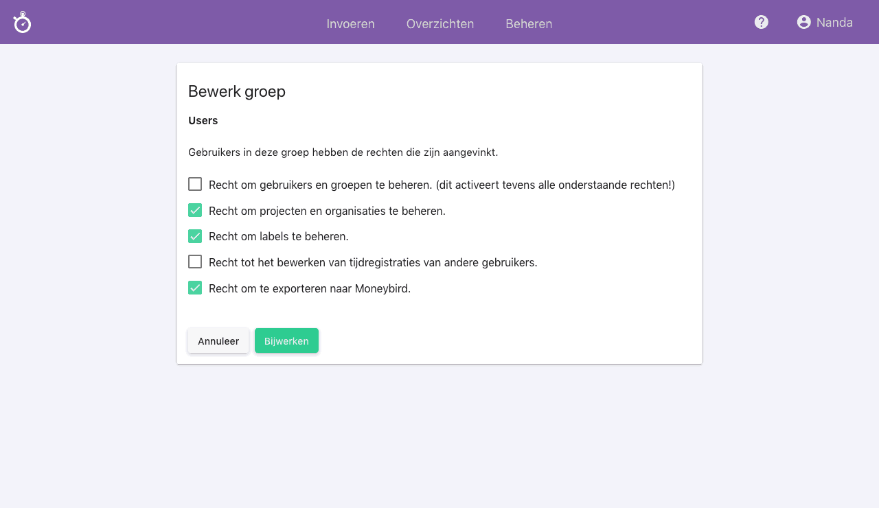 Nanda urenoverzicht - Gebruikersgroepen - Rechten voor gebruikers instellen vinkjes