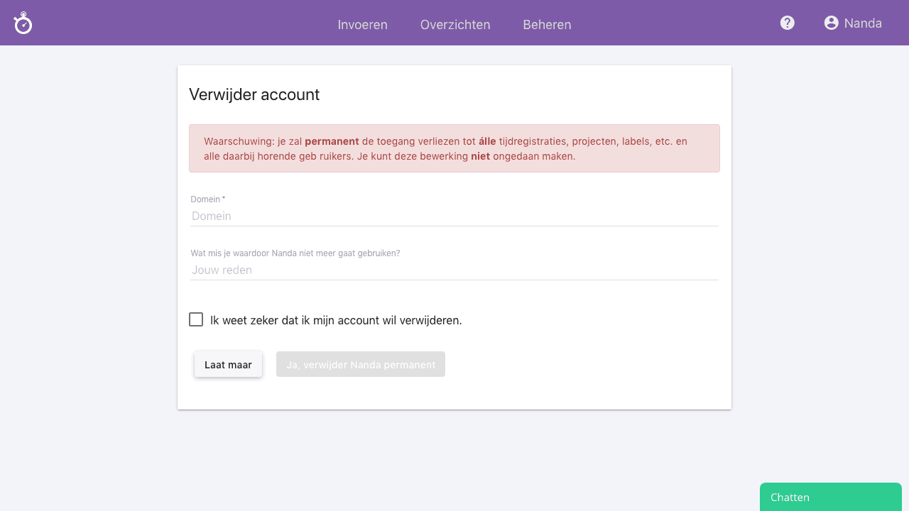 Nanda urenoverzicht - Account verwijderen stap 2