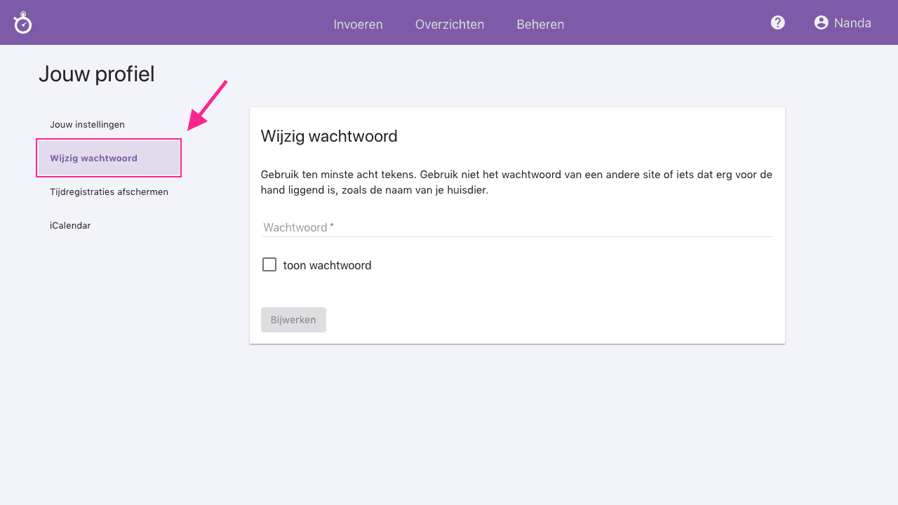 Wachtwoord wijzigen in Nanda