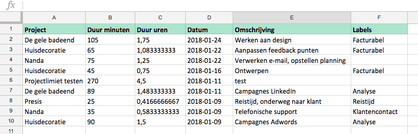 Nanda urenoverzicht - Nanda 3 Beta - Excel export