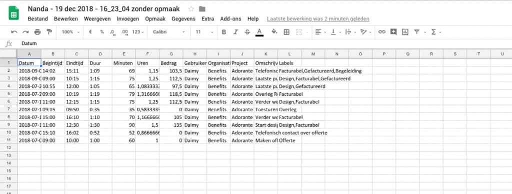 Nanda Urenoverzicht - Excel update - zonder opmaak