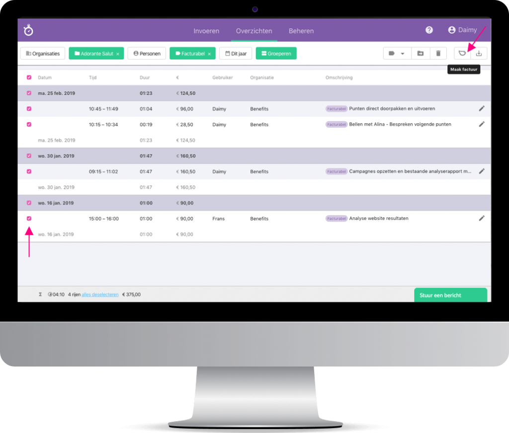 Nanda urenoverzicht - Rapportages maken - Factuur1