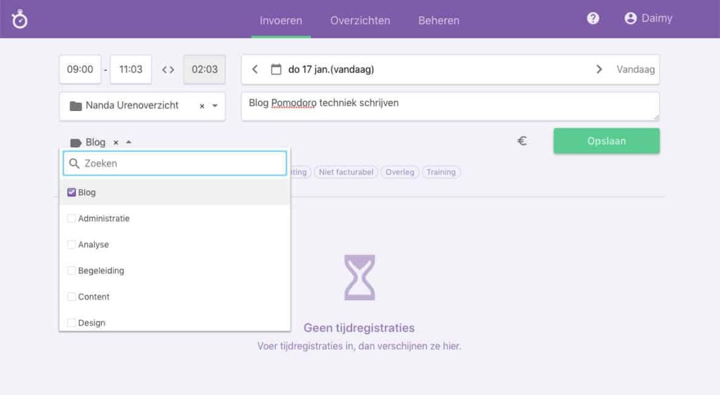 Nanda urenoverzicht - registratie maken - goede urenregistratie labels