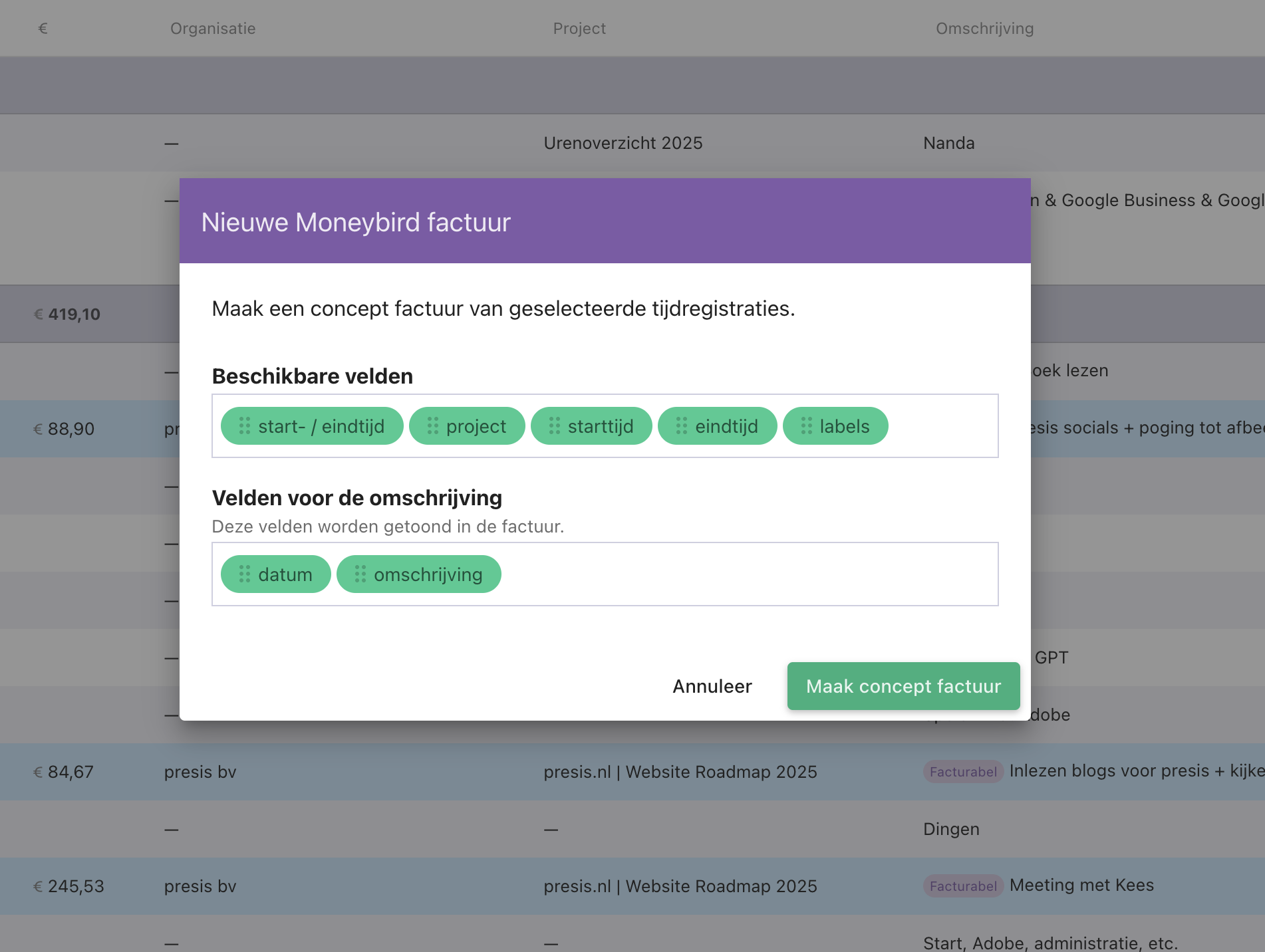 Nanda Urenoverzicht - online Urenregistratie exporteren Moneybird