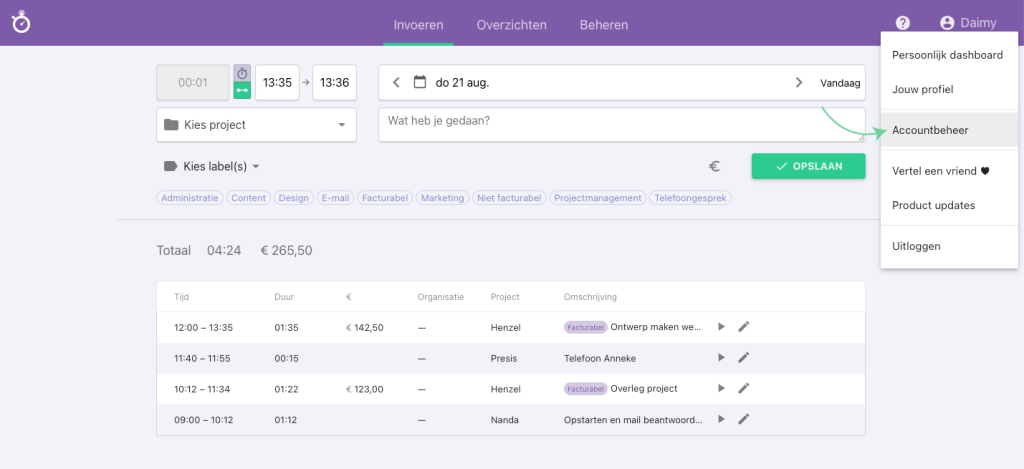 Nanda urenoverzicht - Accountbeheer selecteren