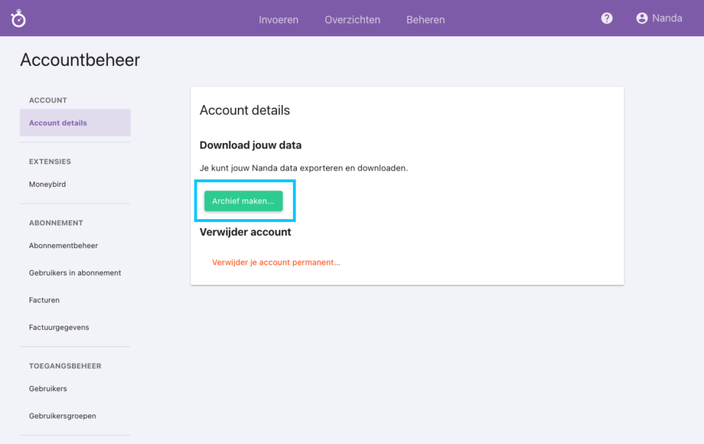 Nanda urenoverzicht - Data downloaden