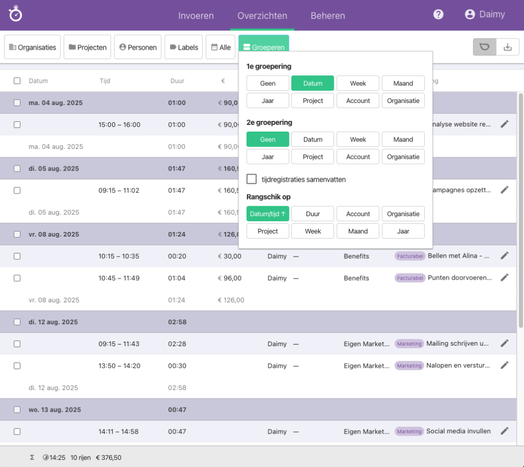 Nanda urenoverzicht - Exporteren naar Excel en Google Spreadsheets