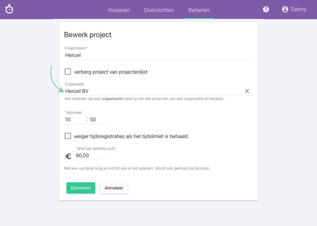 Nanda urenoverzicht - Exporteren naar Moneybird