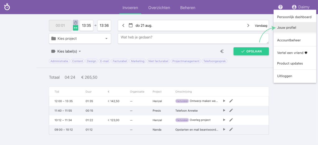 Nanda urenoverzicht - Jouw profiel - Laag in Google agenda
