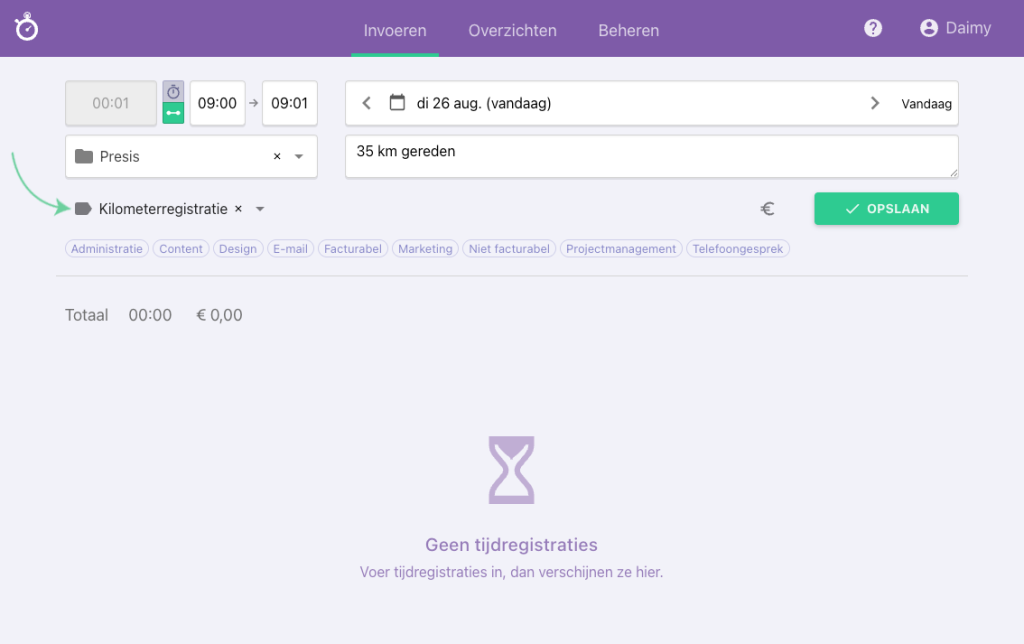 Nanda urenoverzicht - Kilometerregistratie label
