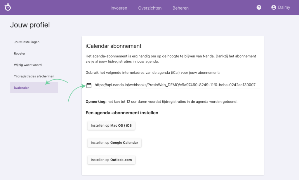Nanda urenoverzicht - Laag in Google agenda