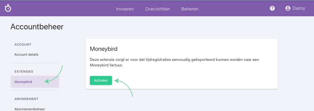 Nanda urenoverzicht - Moneybird koppeling