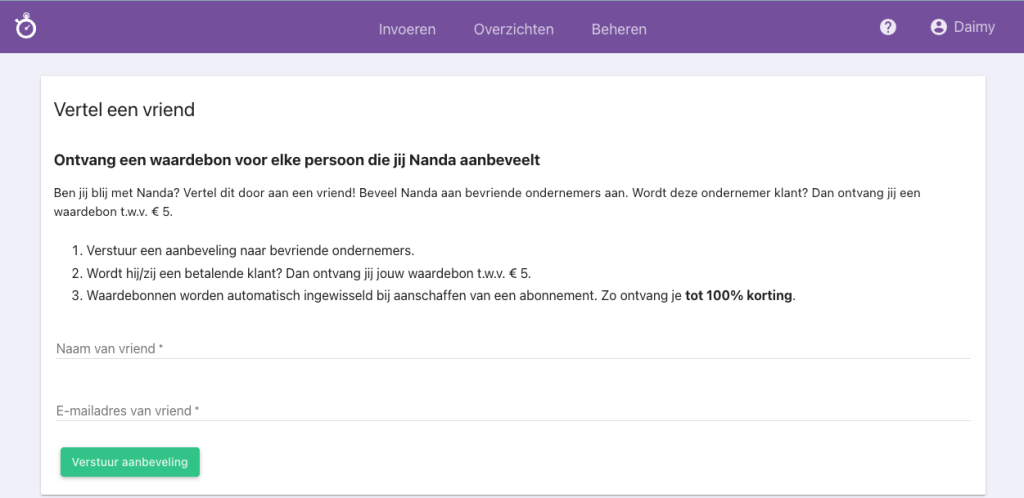 Nanda urenoverzicht - Nanda aanbevelen