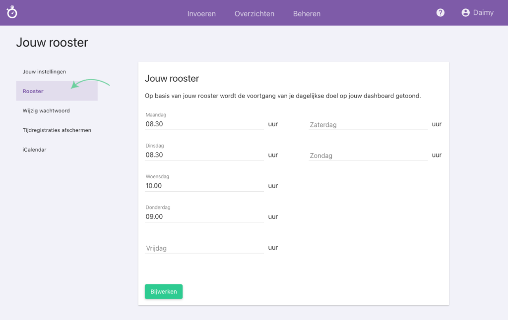 Nanda urenoverzicht - Persoonlijk dashboard instellen Rooster
