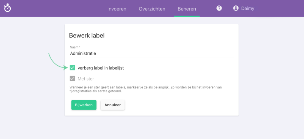 Nanda urenoverzicht - Projecten en labels verbergen - labels