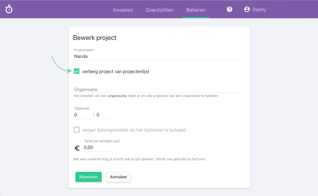 Nanda urenoverzicht - Projecten en labels verbergen - projecten