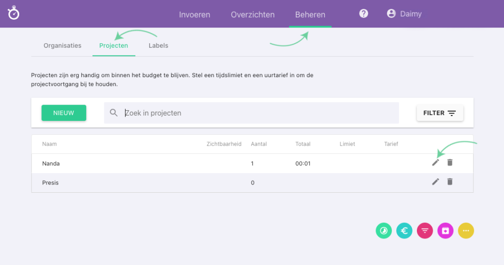 Nanda urenoverzicht - Projecten en labels verbergen​