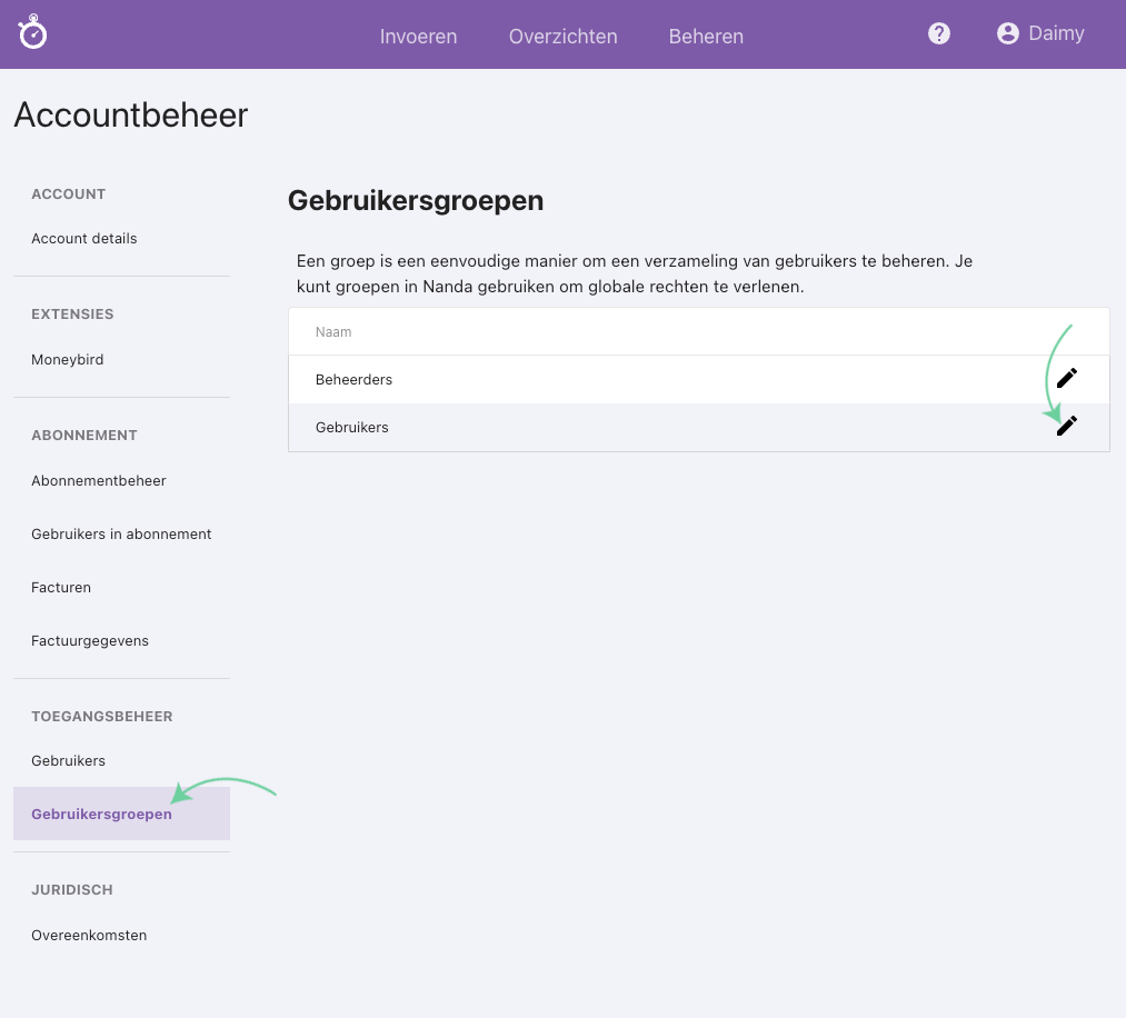 Nanda urenoverzicht - Rechten voor gebruikers instellen2