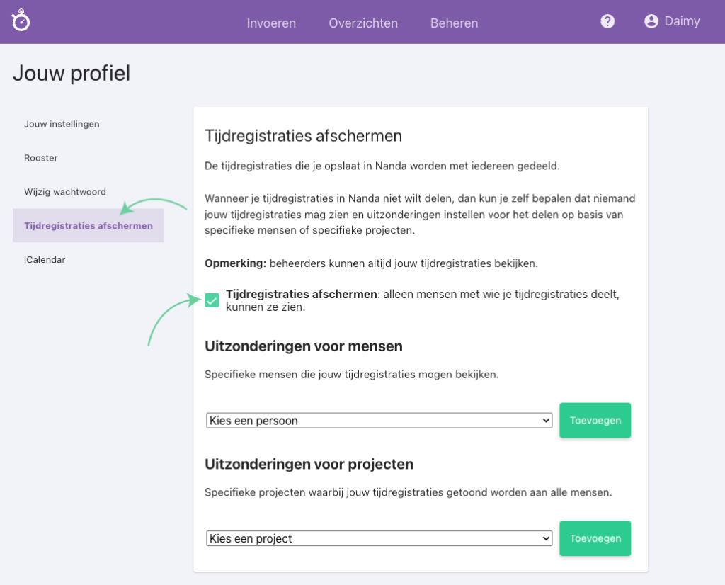 Nanda urenoverzicht - Tijdregistraties afschermen