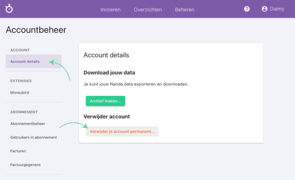 Nanda urenoverzicht - Verwijder je Nanda account