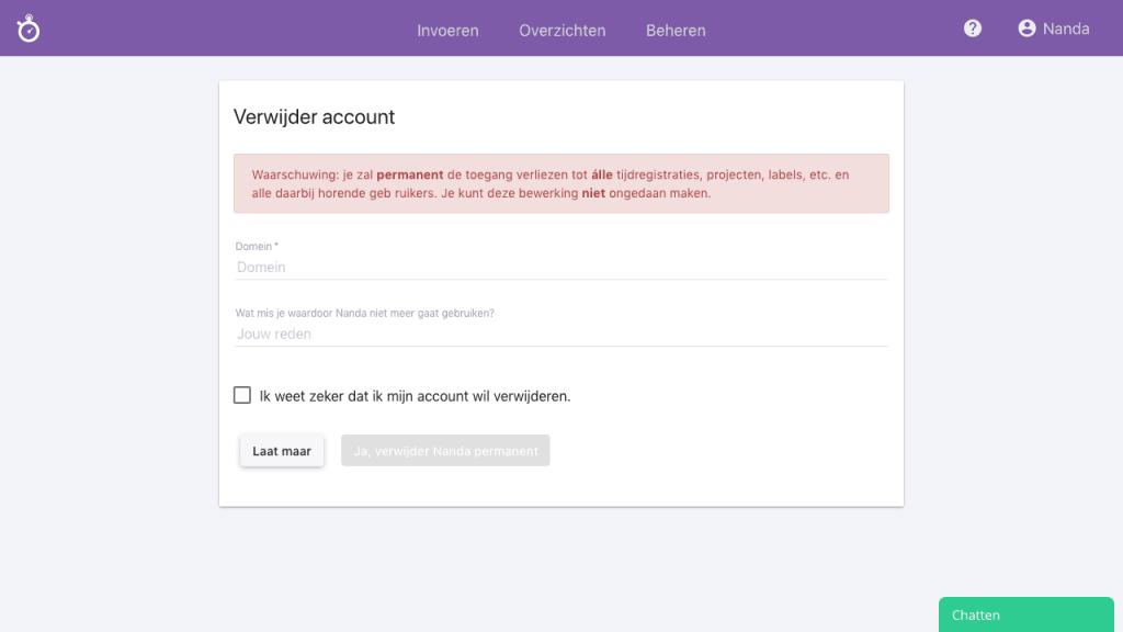 Nanda urenoverzicht - Verwijder je Nanda account2