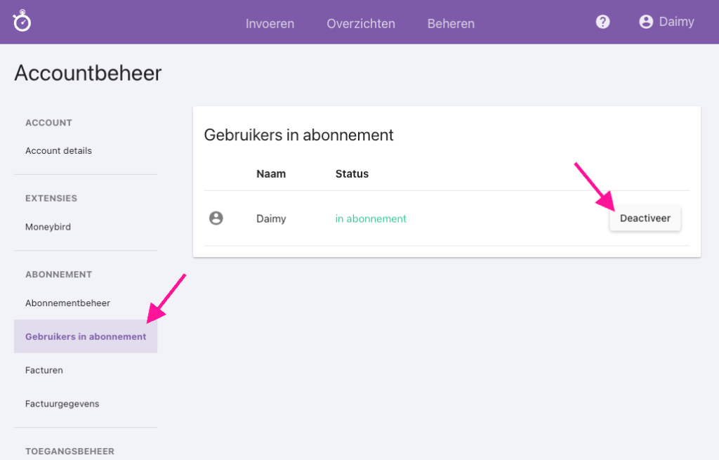 Nanda urenoverzicht - gebruiker deactiveren
