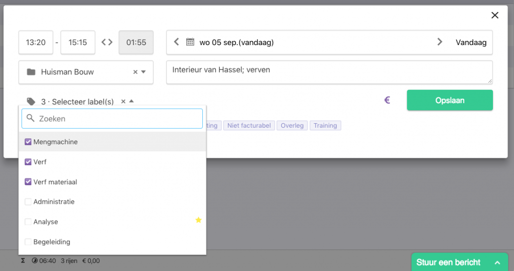 Nanda urenoverzicht - materiaal invoer met labels