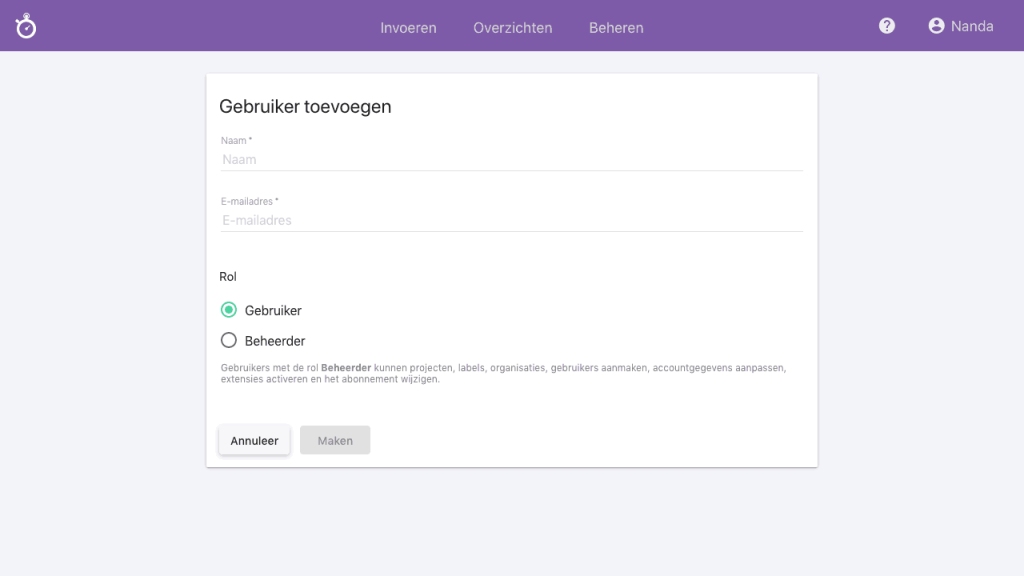 Nanda urenoverzicht - nanda-nieuwe-gebruiker toevoegen