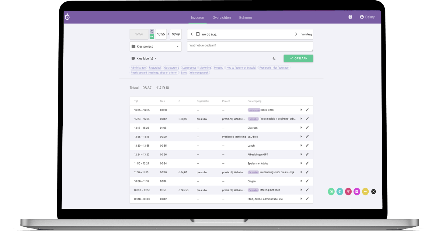 Nanda urenoverzicht - online urenregistratie tonen