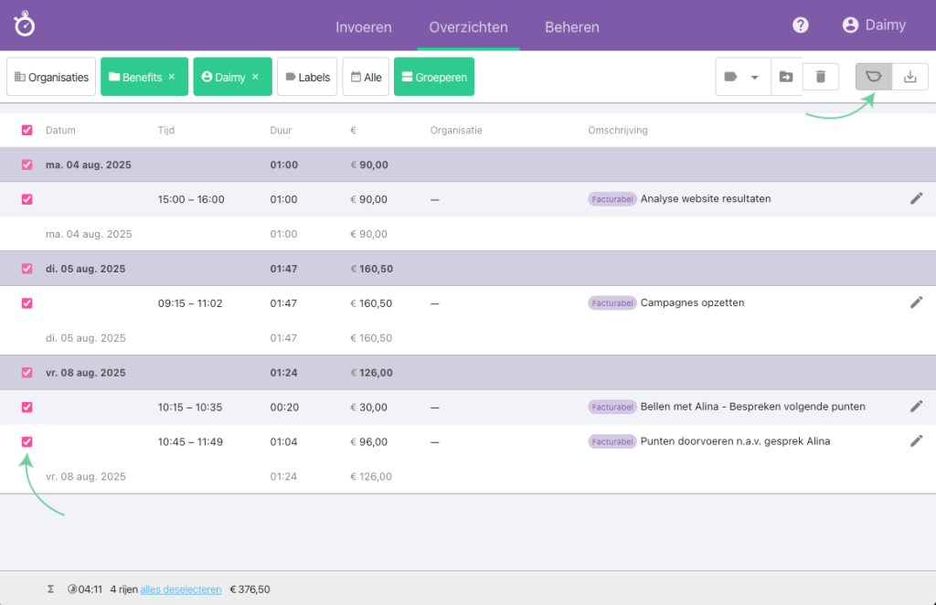 Nanda urenoverzicht - rapportages exporteren Moneybird