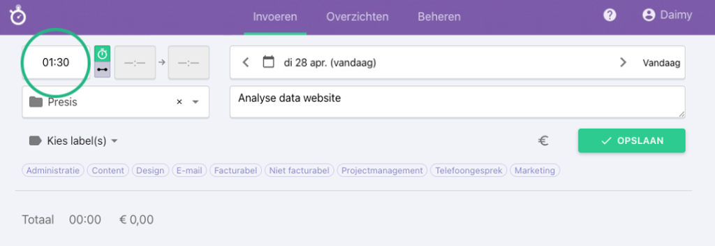 Nanda urenoverzicht - tijdblokken invullen
