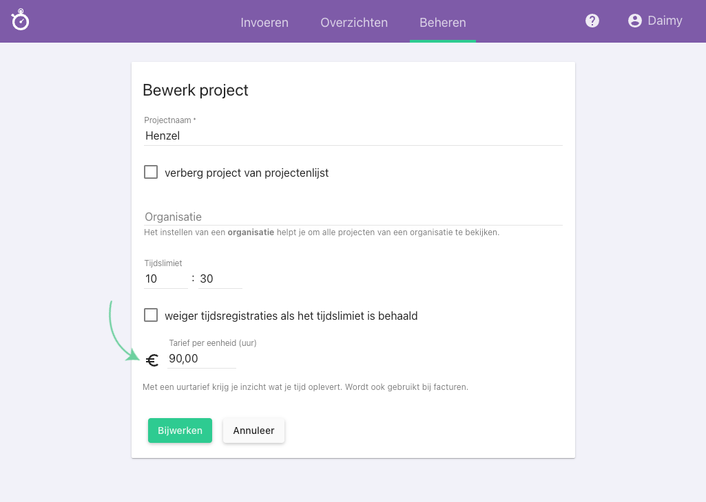 Nanda urenoverzicht - uurtarief instellen