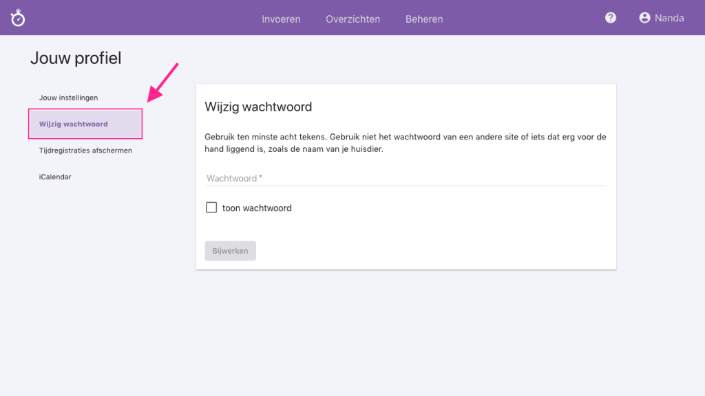 Nanda urenoverzicht - wachtwoord wijzigen