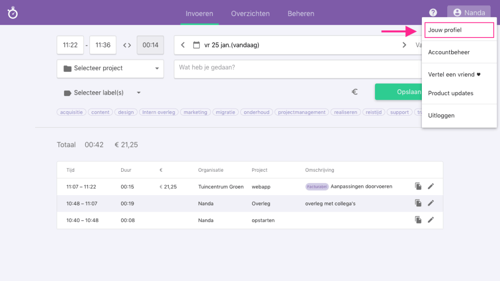 Nanda urenoverzicht - wachtwoord wijzigen jouw profiel