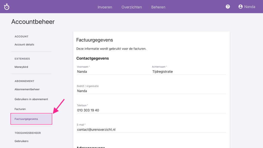Nanda urenoverzicht nanda-factuurgegevens
