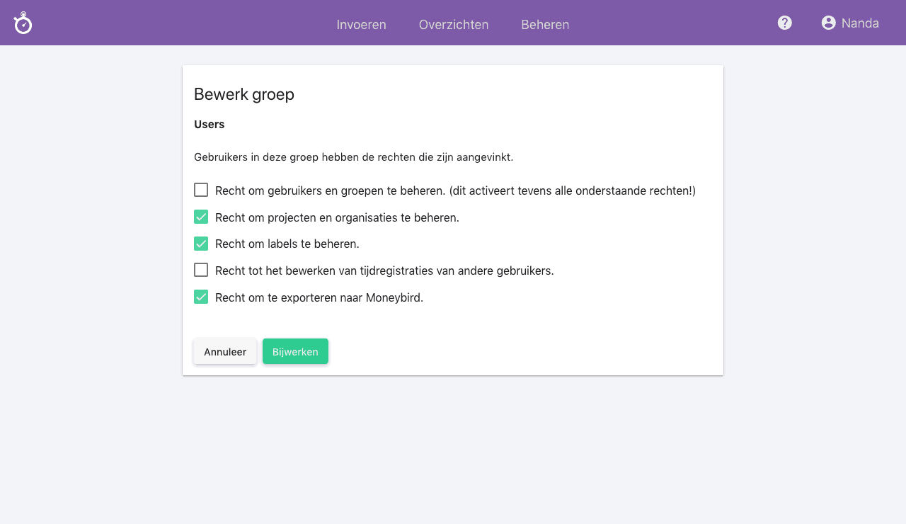 nanda urenoverzicht - rechten instellen gebruikers teamleden