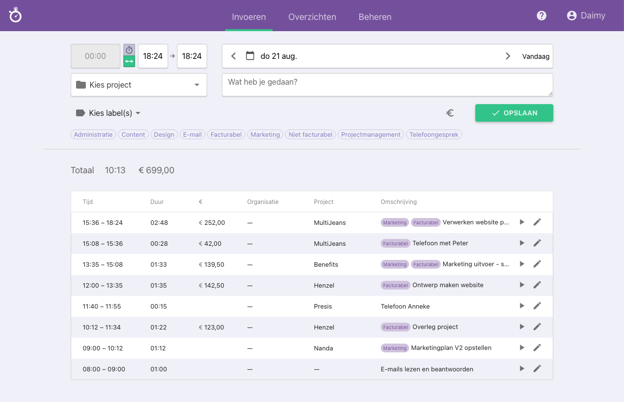 Nanda Urenoverzicht - Invoerscherm - online urenregistratie