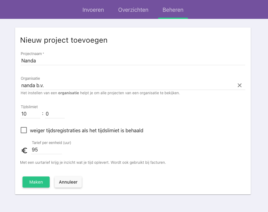 Urenoverzicht uurtarief instellen Nanda